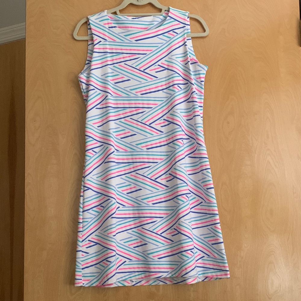 MAHI GOLD Sleeveless Mini Dress in White with Pink & Blue Stripes